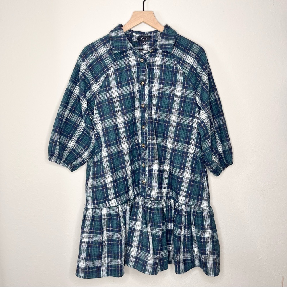 Fate Women's Teal Plaid Tiered Mini Dress Small 3/4 Sleeve Collared Neckline